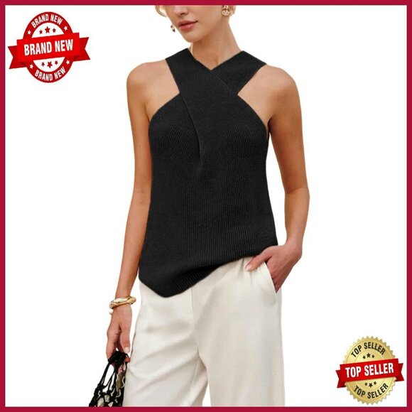 Tops - Soft Knit Halter Tank Top, Sleeveless Cross Front, Casual Summer Blouse